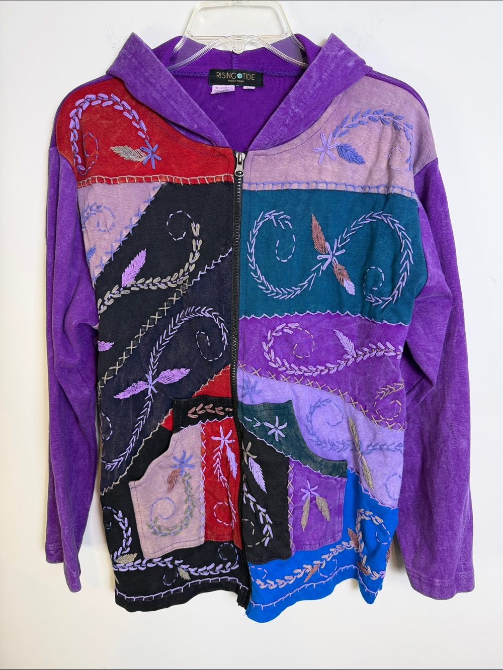 RISING TIDE Patchwork Embroidered Nepal Hoodie Sweatshirt, Purple | Sz 1X